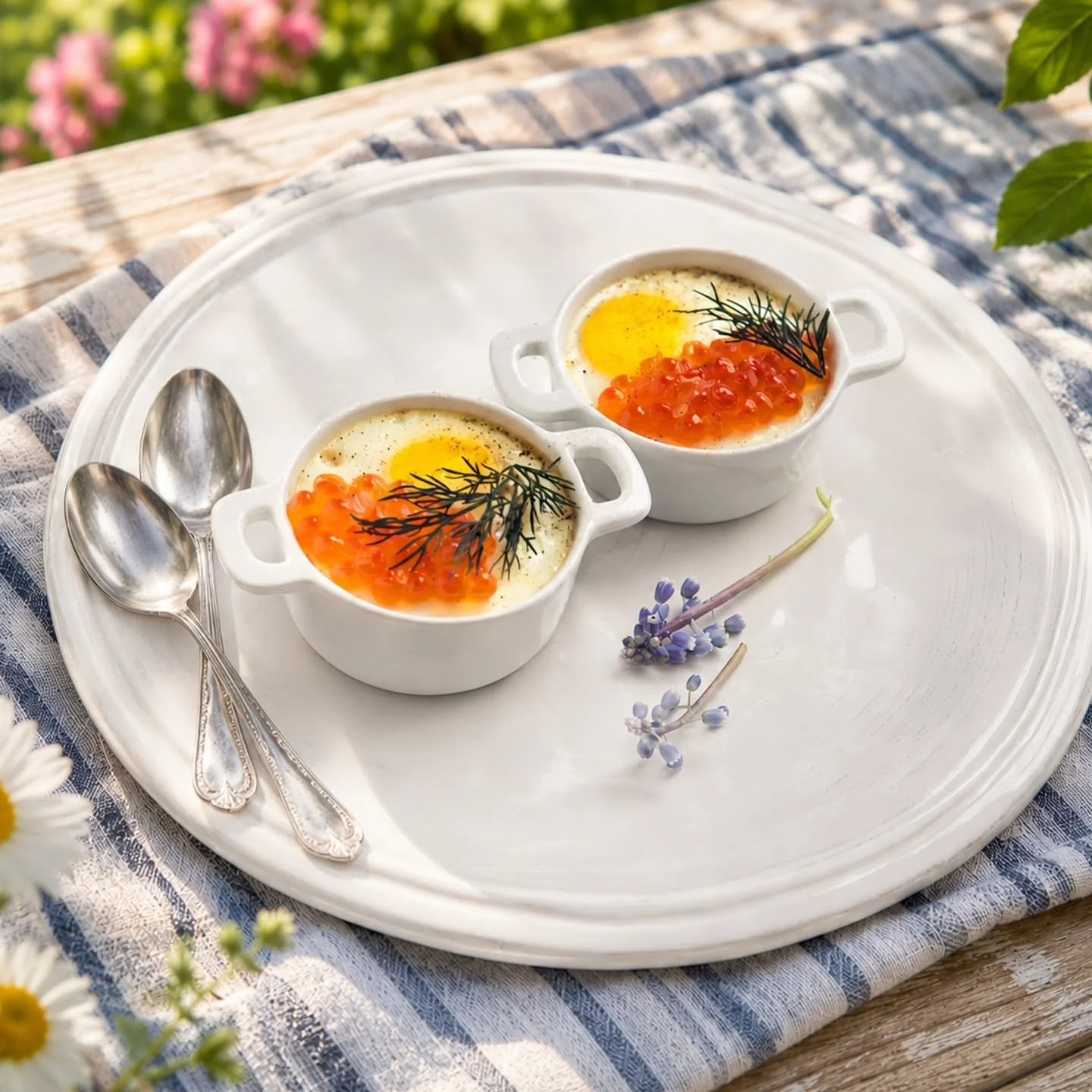 Enkla, kr&auml;miga och supergoda &auml;ggkokotter till brunch, lunch eller p&aring; buff&eacute;n. Toppa med  l&ouml;j-, lax- eller sikrom.

2 dl cr&egrave;me fraiche
1 msk f&auml;rskost
Salt &amp; peppar
Lite f&auml;rskriven muskot
2 &auml;gg
2 msk
