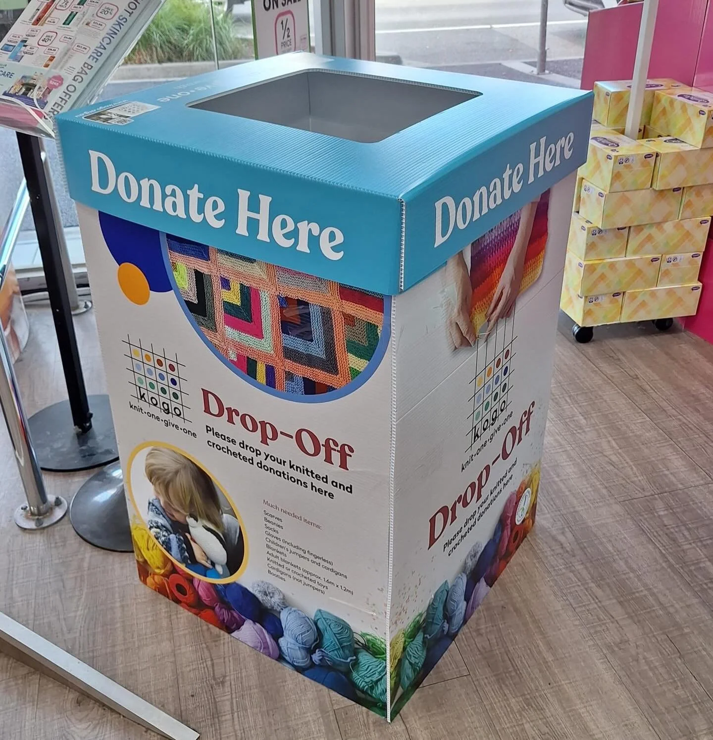 Spotted @priceline our &lsquo;KOGO Donation Stations&rsquo;. Not just eye-catching they neatly store donations prior to delivery to KOGO Hub. We only have 8 left! If you are a KOGO drop off point and would like one of these fabulous donation storage 