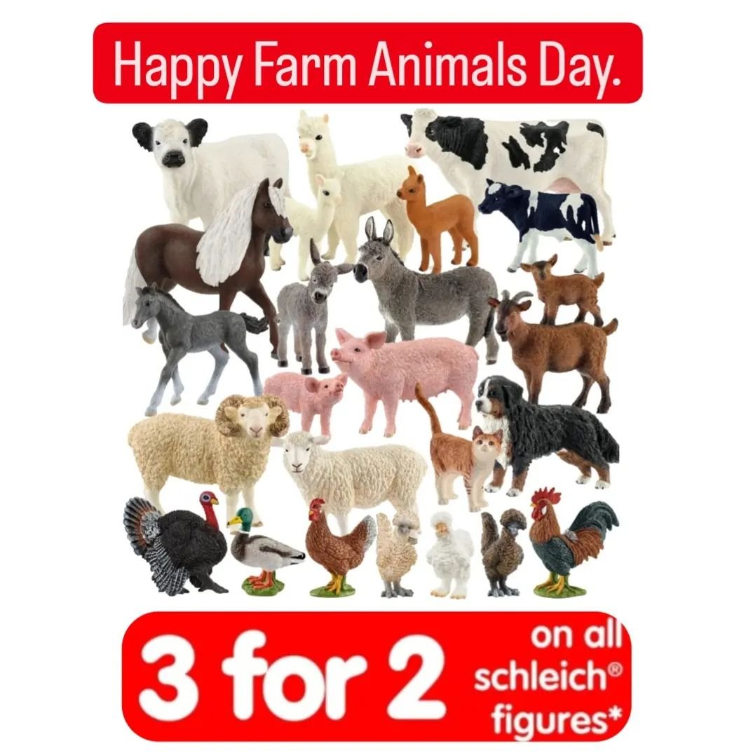 HAPPY FARM ANIMALS DAY!
🐄🐖🐐🐑🦙🐓🦃🦆🫏

Why not celebrate by making the most of our 3 for the price of 2 on ALL SCHLEICH figures!

#schleich #farmanimalsday #toyshop #kingsbridge #salcombe #devon #lovekingsbridge #shopkingsbridge