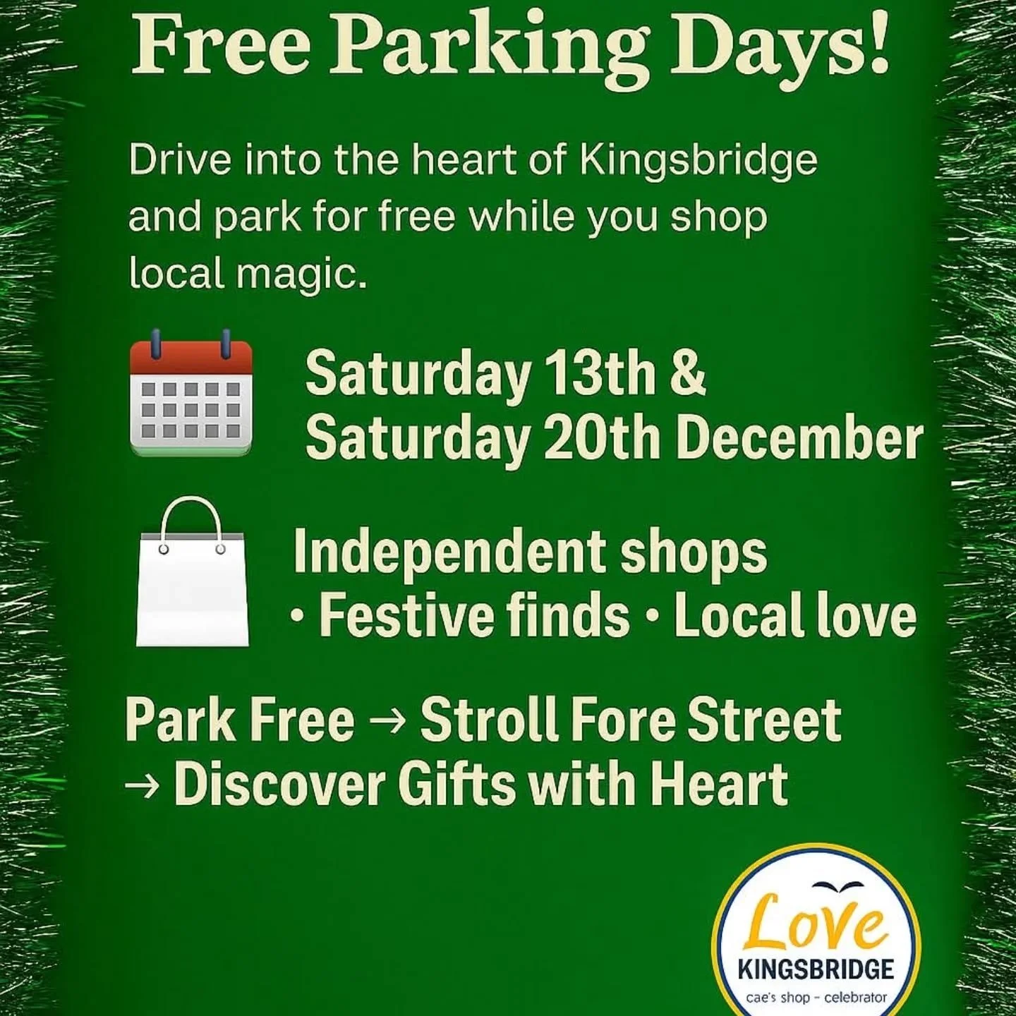 🚘FREE PARKING IN KINGBRIDGE THIS SATURDAY🚘

🛍Another reason to SHOP LOCAL! 🛍
