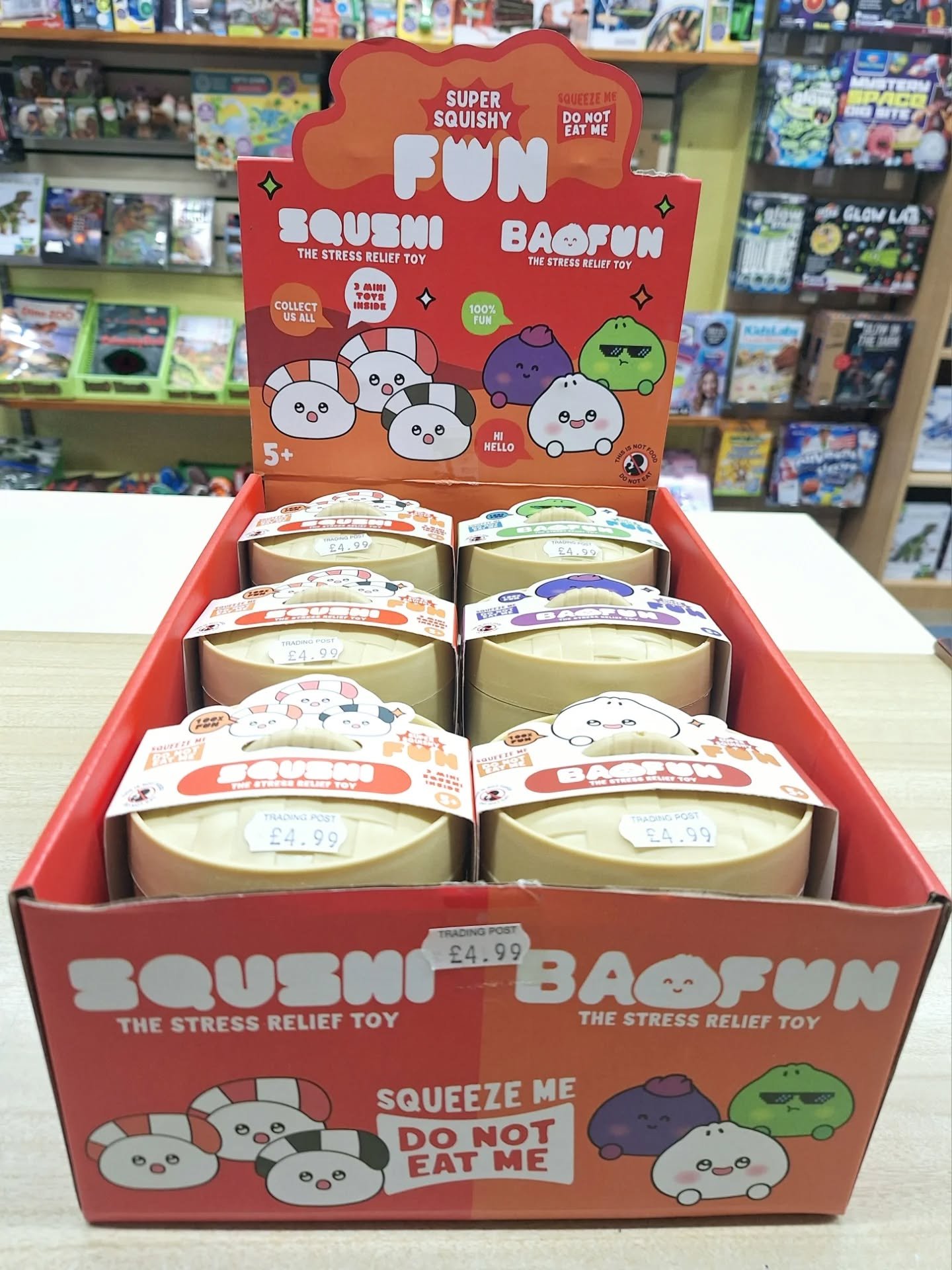 ⭐️NEW IN⭐️

🥟BAOFUN🥟 &amp; 🍣SQUSHI🍣 the super squishy "stress relief toy"!

Perfect at just &pound;4.99, which one are you choosing,

The 🥟BaoFun🥟 which contains 1 big BaoFun, comes in its own steamer and has 3 colours to choose from 