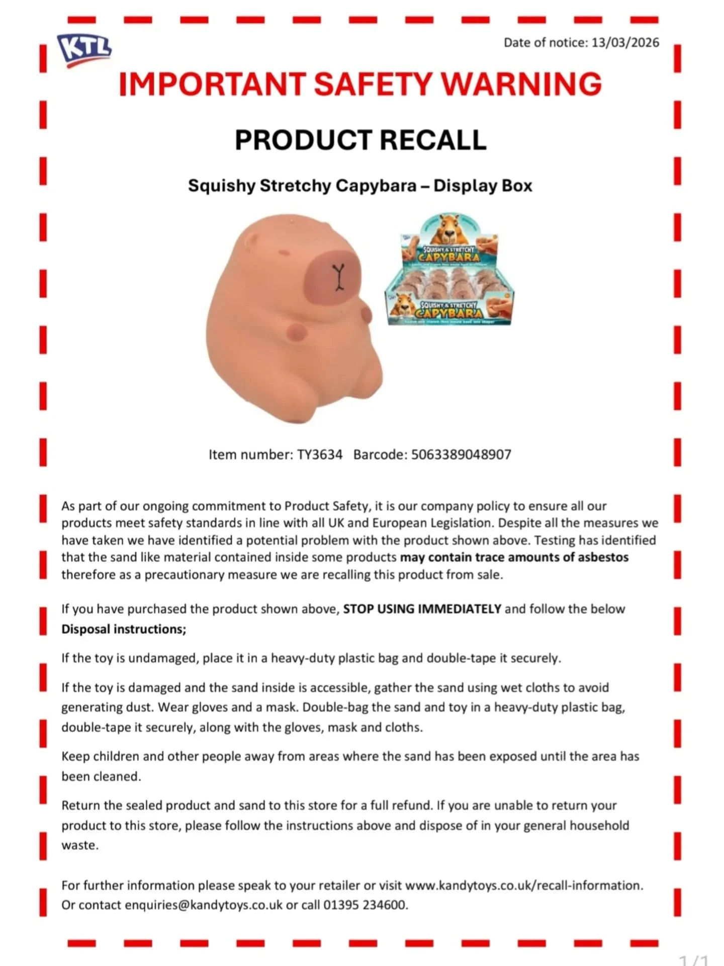 ⚠️PRODUCT RECALL⚠️

Please read carefully if you have purchased a SQUISHY STRECTCHY CAPYBARA by KANDY TOYS/KTL from us recently.
