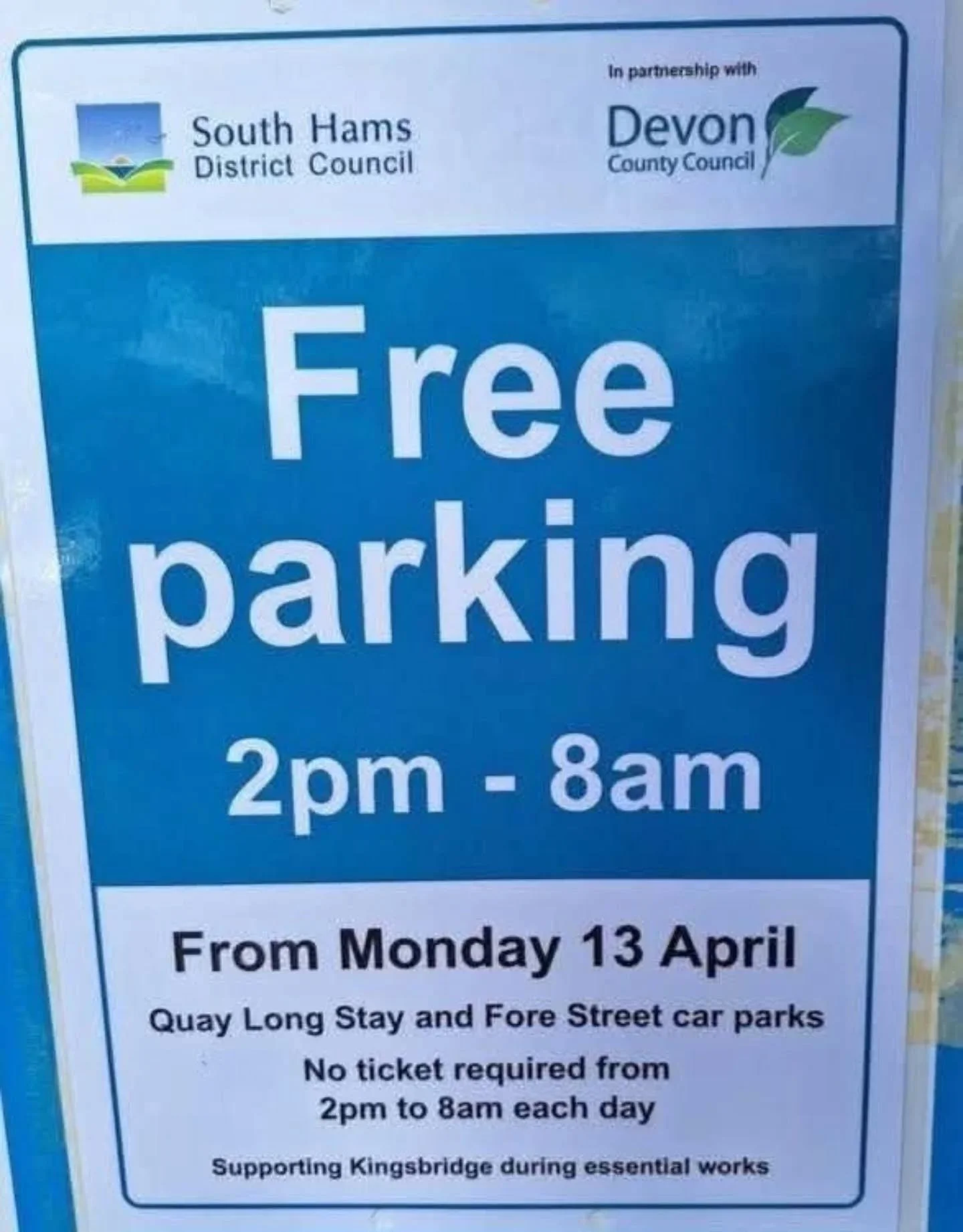 ☀️🌤It's beautiful sunny day, perfect for a wander around Kingsbridge.🌤☀️

Did you know that it is currently now FREE TO PARK in the QUAY &amp; FORE STREET CAR PARK between 2pm and 8am!

⚠️Don't forget we are OPEN TIL 5pm MONDAY to SATURDAY! ⚠️

🚗?