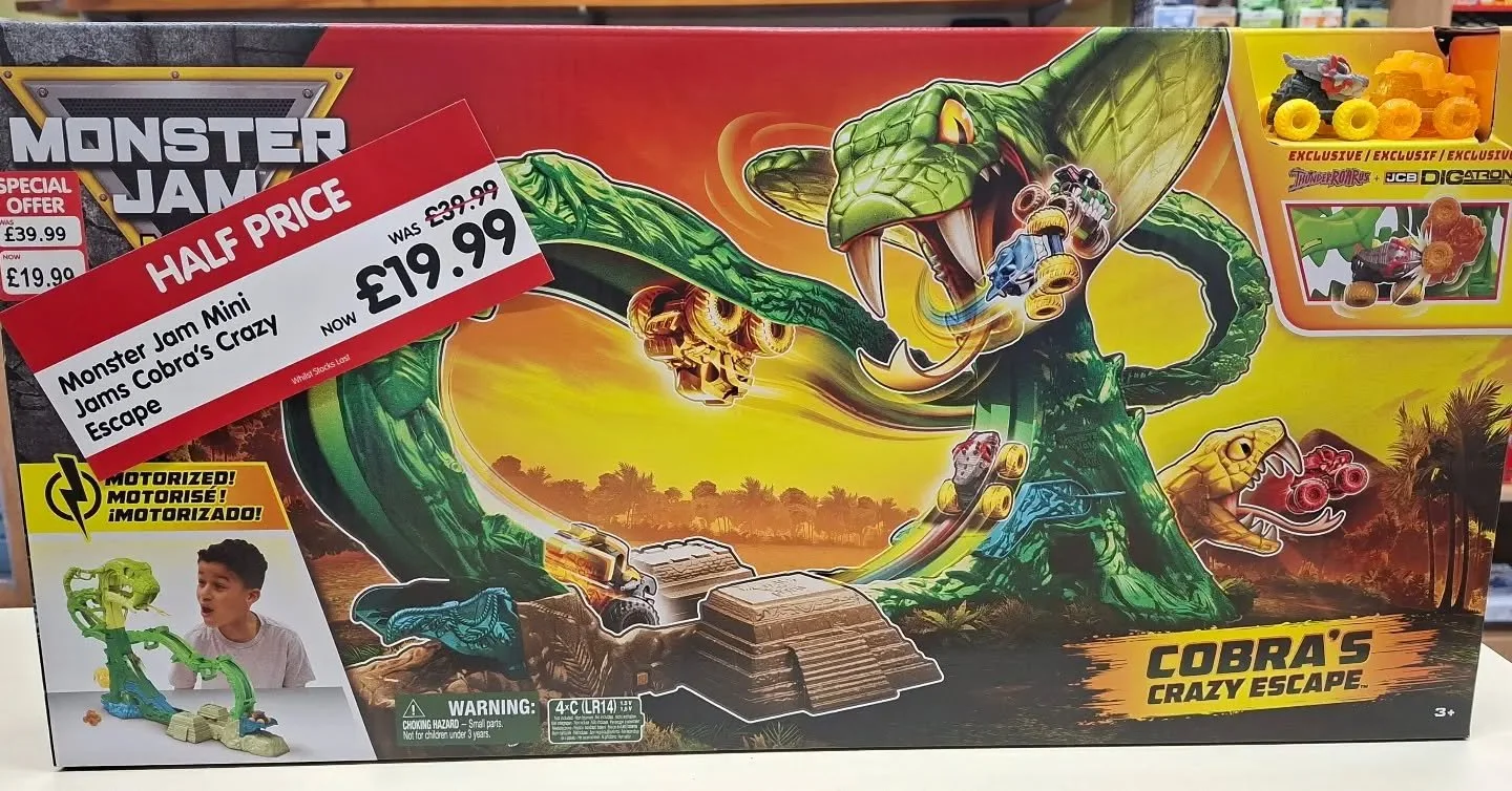 🐍HALF PRICE🐍

Monster Jam Mini Jams Cobra's Crazy Escape.
🔴WAS &pound;39.99
🔴NOW &pound;19.99

You will find in our shelves &amp; in our 🎅🏽CHRISTMAS CATALOGUE 🎅🏽