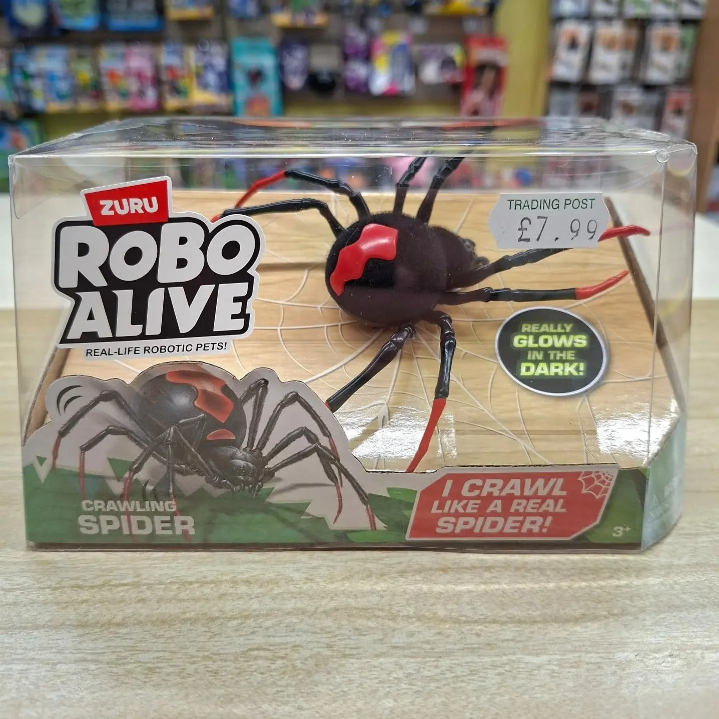 🕷Look who's back!🕷

Back in stock in time for Halloween, it crawls just like a real spider and glows in the dark, it makes the perfect gift at just &pound;7.99.

You will find it alongside the ROBO ALIVE DINOSAURS  and in our window!