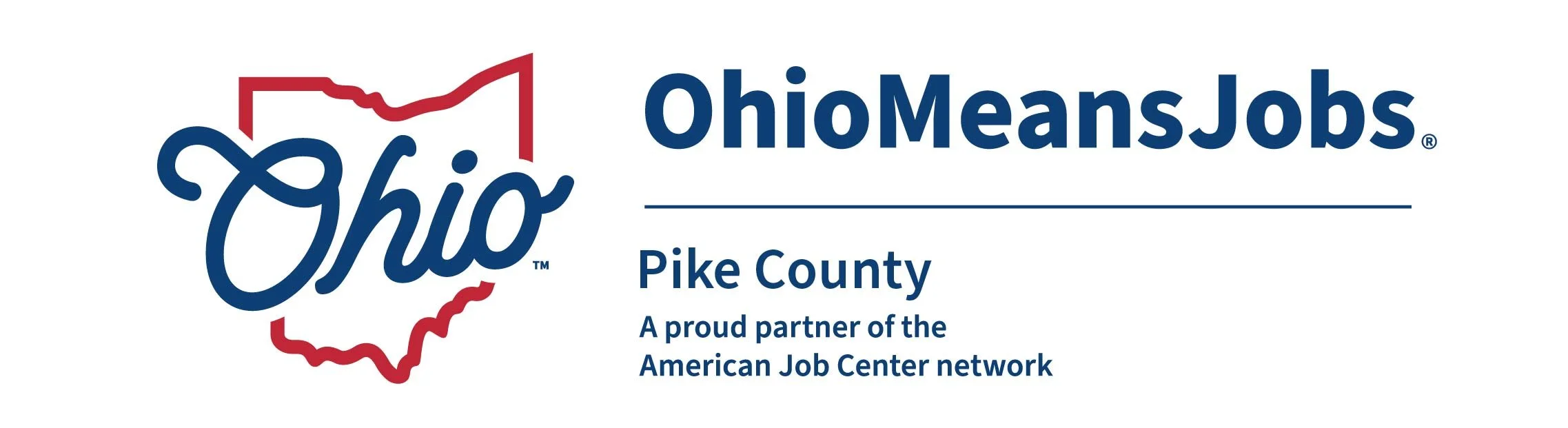 Logo of OhioMeansJobs Pike County with a red outline map of Ohio, the word Ohio in cursive, and text indicating partnership with the American Job Center network.