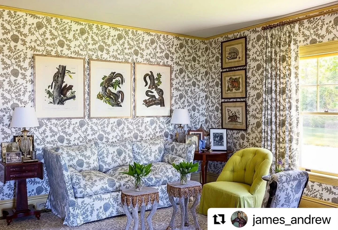 Starting the week in this stylish study designed by @james_andrew for @marinarust at her home in Maine.  Wrapped in our &ldquo;Acorn Fantasy&rdquo; wallpaper with matching fabric, it&rsquo;s fresh yet timeless.  Pick up a copy of @townandcountrymag t