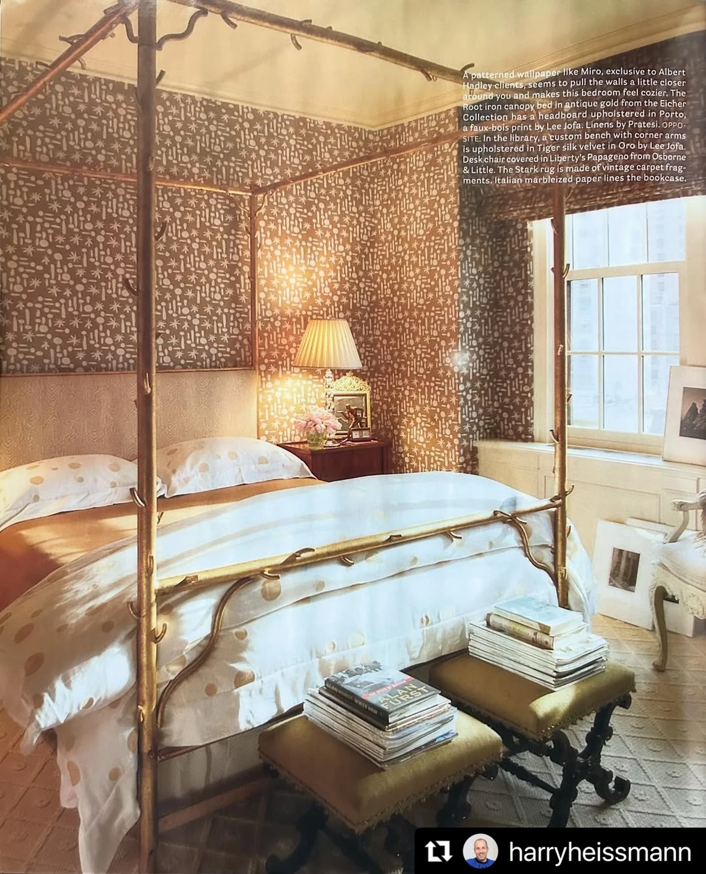 It&rsquo;s #wallpaperwednesday with this magical bedroom by @harryheissmann and the legendary Albert Hadley. With walls and windows covered in &ldquo;Miro&rdquo;, it takes sleeping under the stars to a new level of timeless glamour. &ldquo;Miro&rdquo