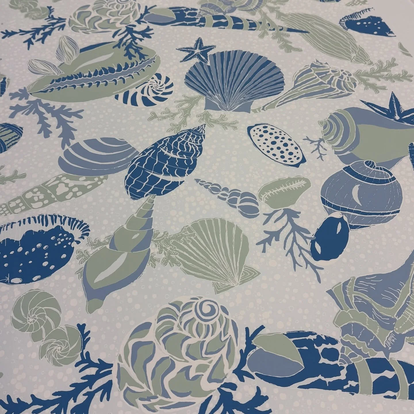 It may be chilly outside but we are feeling warm island vibes with a printing of &ldquo;Seashells&rdquo; on pale blue paper.  Available as shown or printed in your own custom colors, fabric or wallpaper.  Design &copy;️ Zina Studios, Inc.