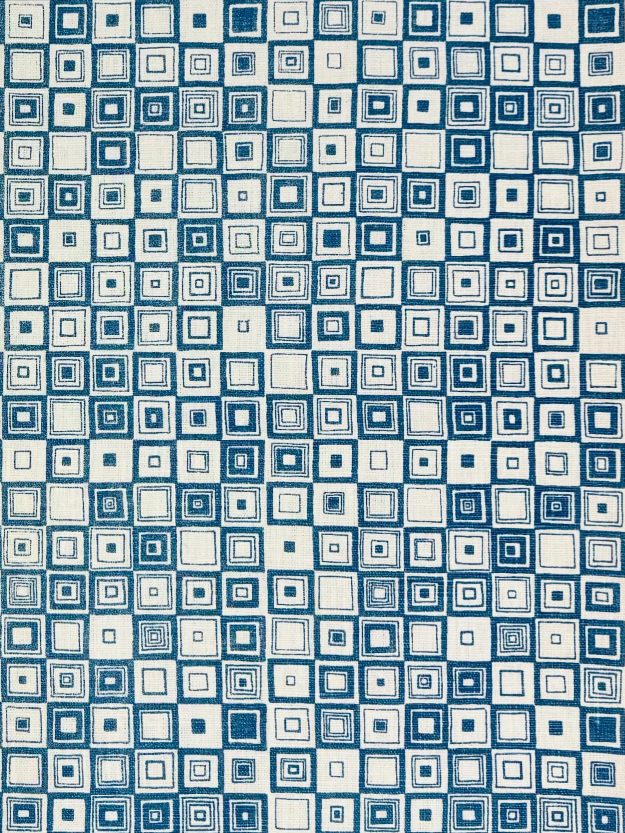 Monday blues in our &ldquo;Camera&rdquo; print - shown in ocean on oyster linen.  A smaller scale geometric, the concentric squares create a playful almost textural design.  Swipe right to see it in a bathroom for Kips Bay Showhouse, as shown in the 