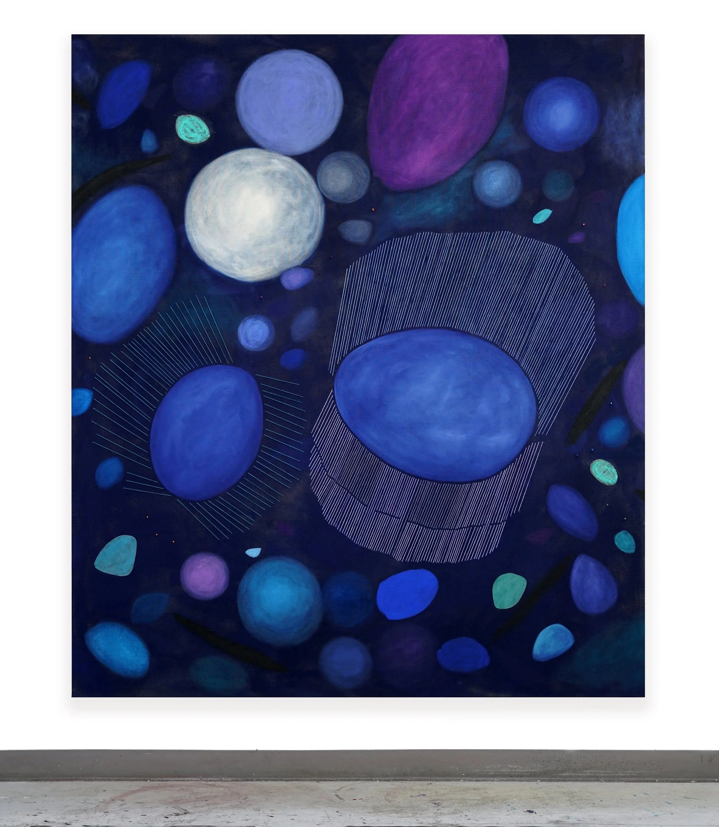  LACEY STOFFER  Echo II , 2024  Oil, dyed yarn, paper clay pins and gouache on linen | 83 x 72 inches&nbsp; 