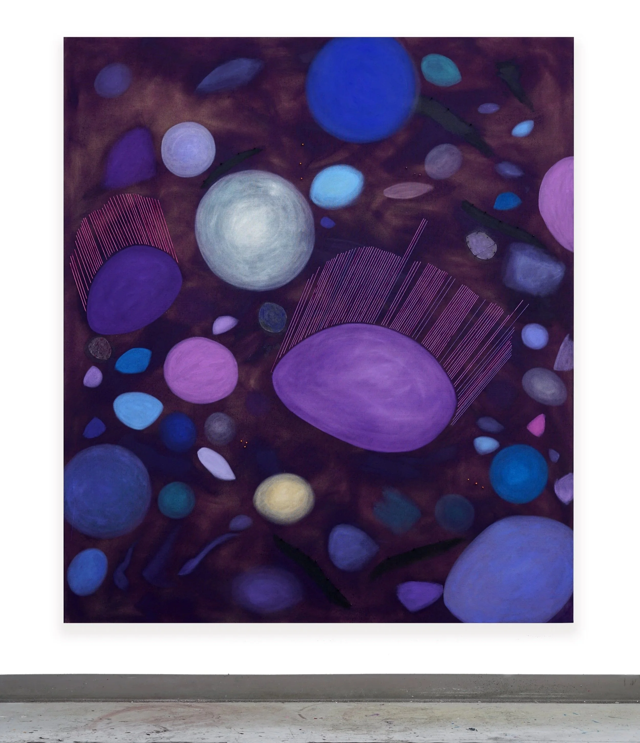  LACEY STOFFER  Drift , 2024  Oil, dyed yarn, paper clay pins and gouache on linen | 83 x 72 inches&nbsp; 