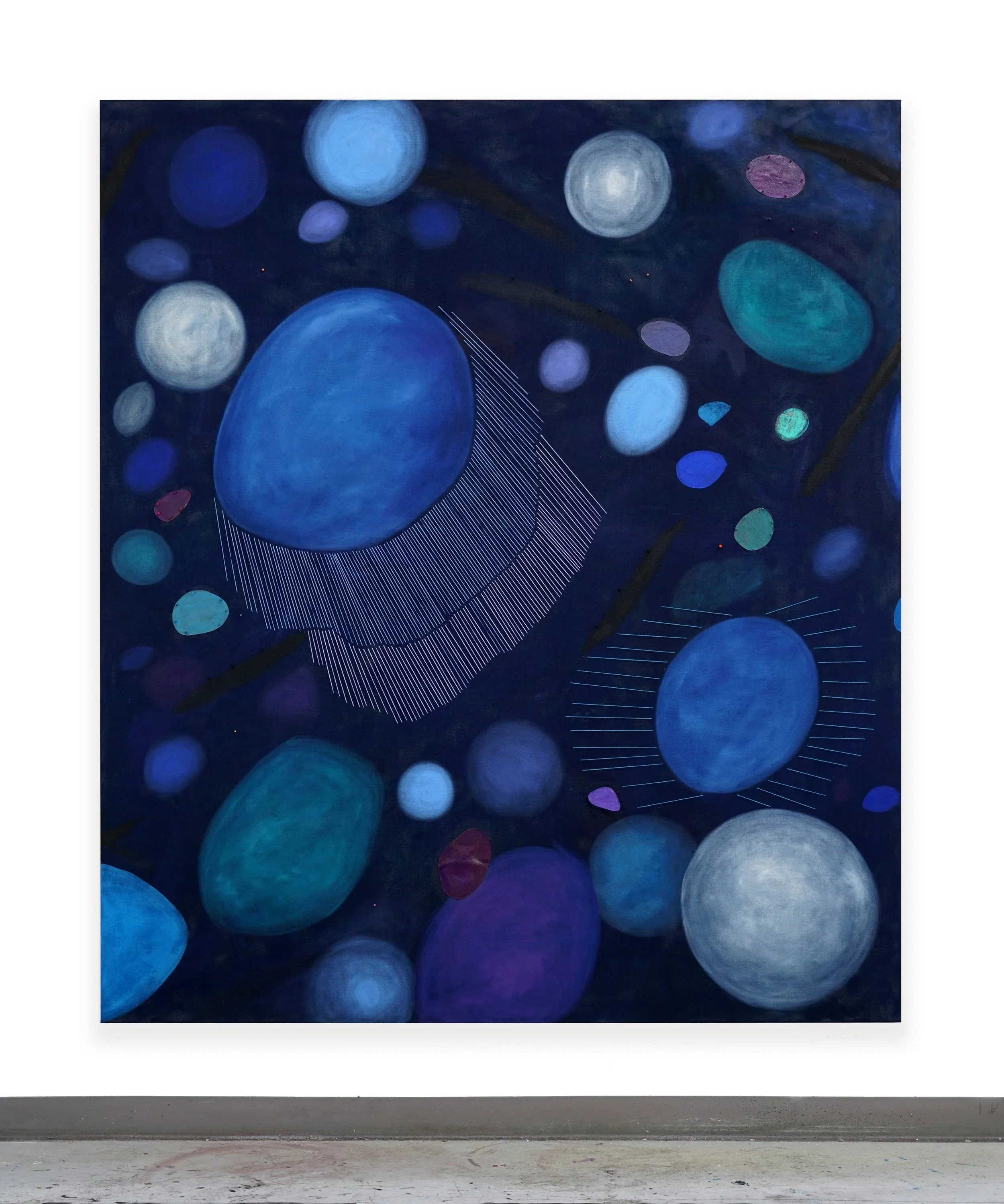  LACEY STOFFER  Echo III , 2024  Oil, dyed yarn, paper clay pins and gouache on linen | 83 x 72 inches&nbsp; 