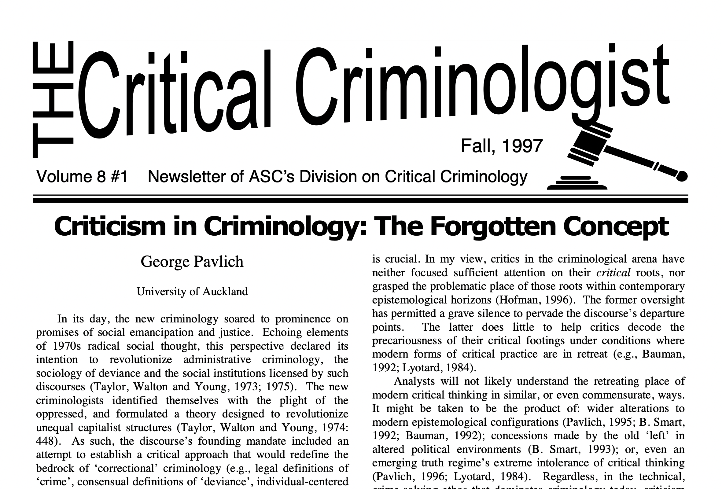 The Critical Criminologist Volume 8 #1