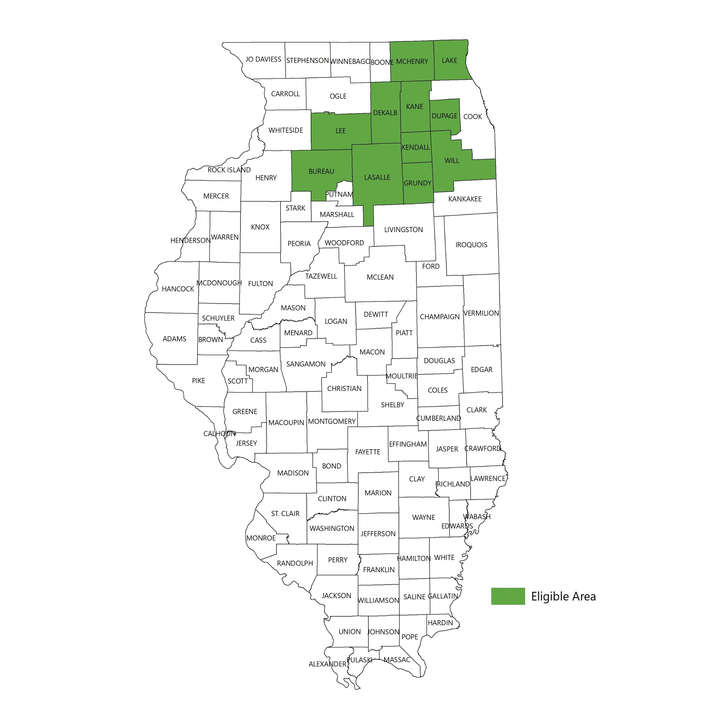 Illinois Eligible Counties - enrollment open in April (see larger map)