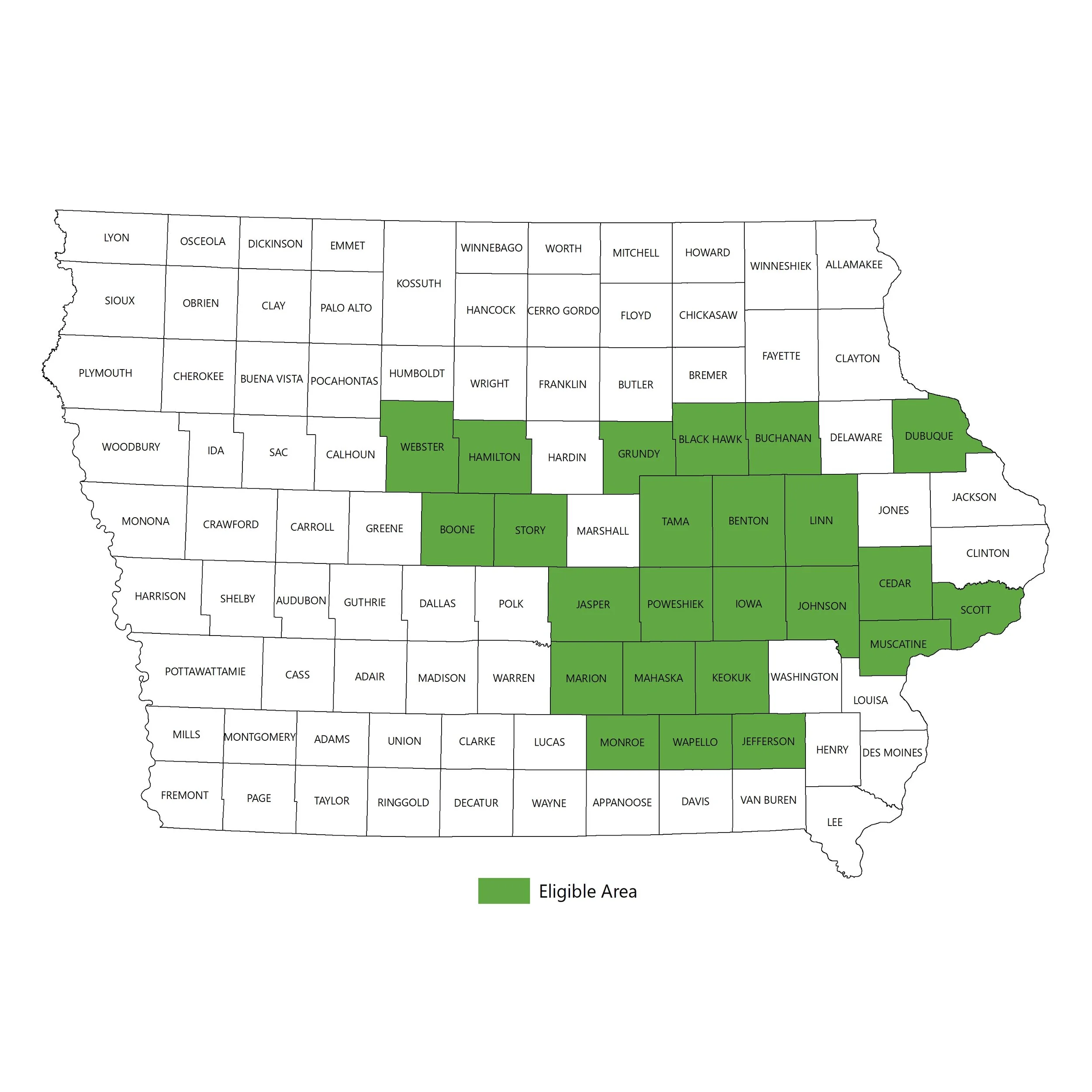 Iowa Eligible Counties - enrollment open in April (see larger map)