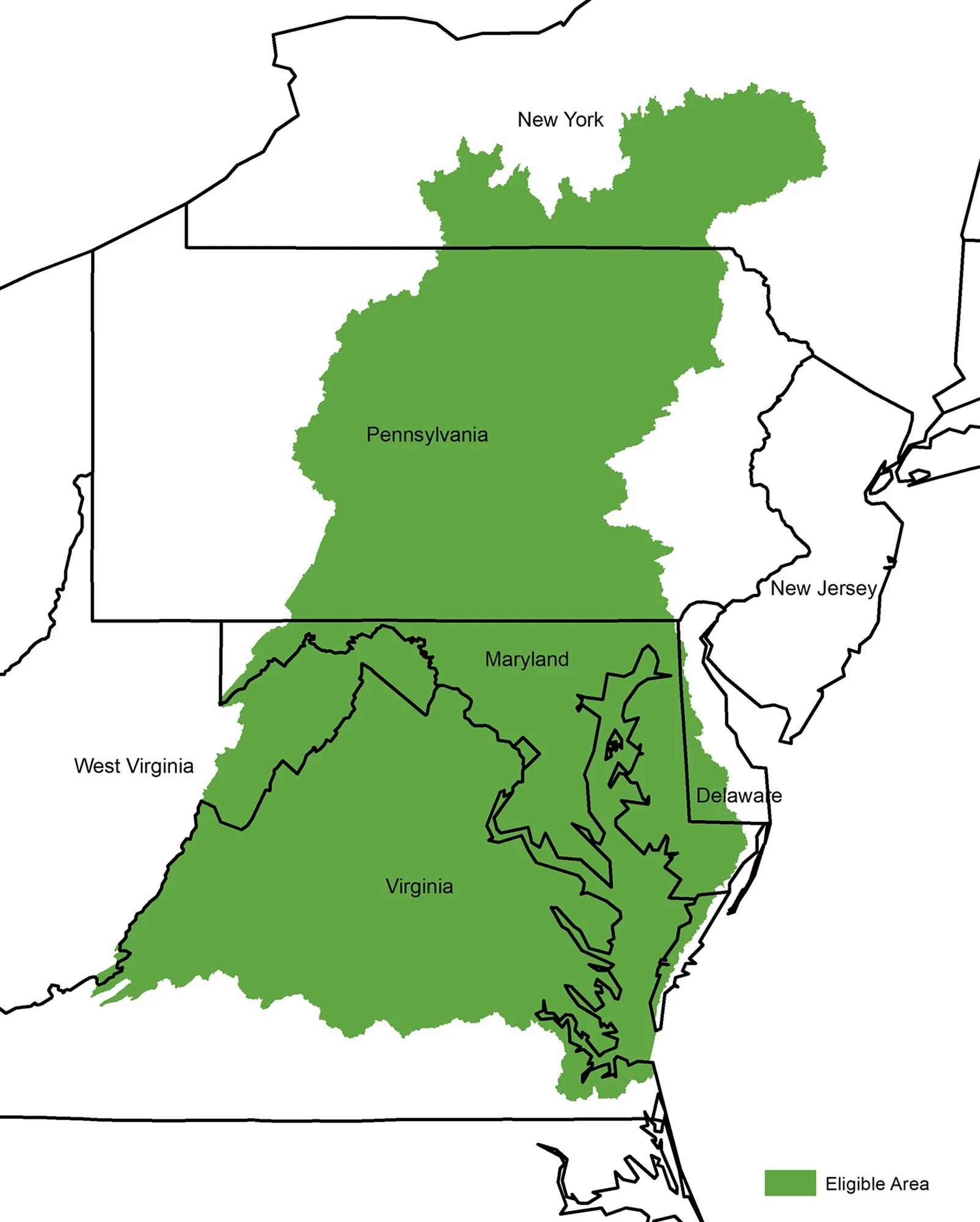 Chesapeake Bay Watershed Eligible Regions - enrollment open in April (see larger map)