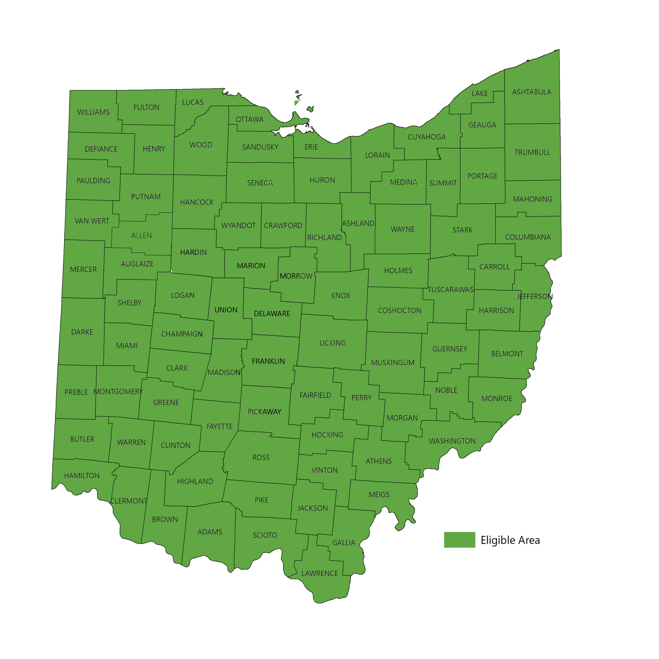 Ohio Eligible Counties - enrollment open in April (see larger map)
