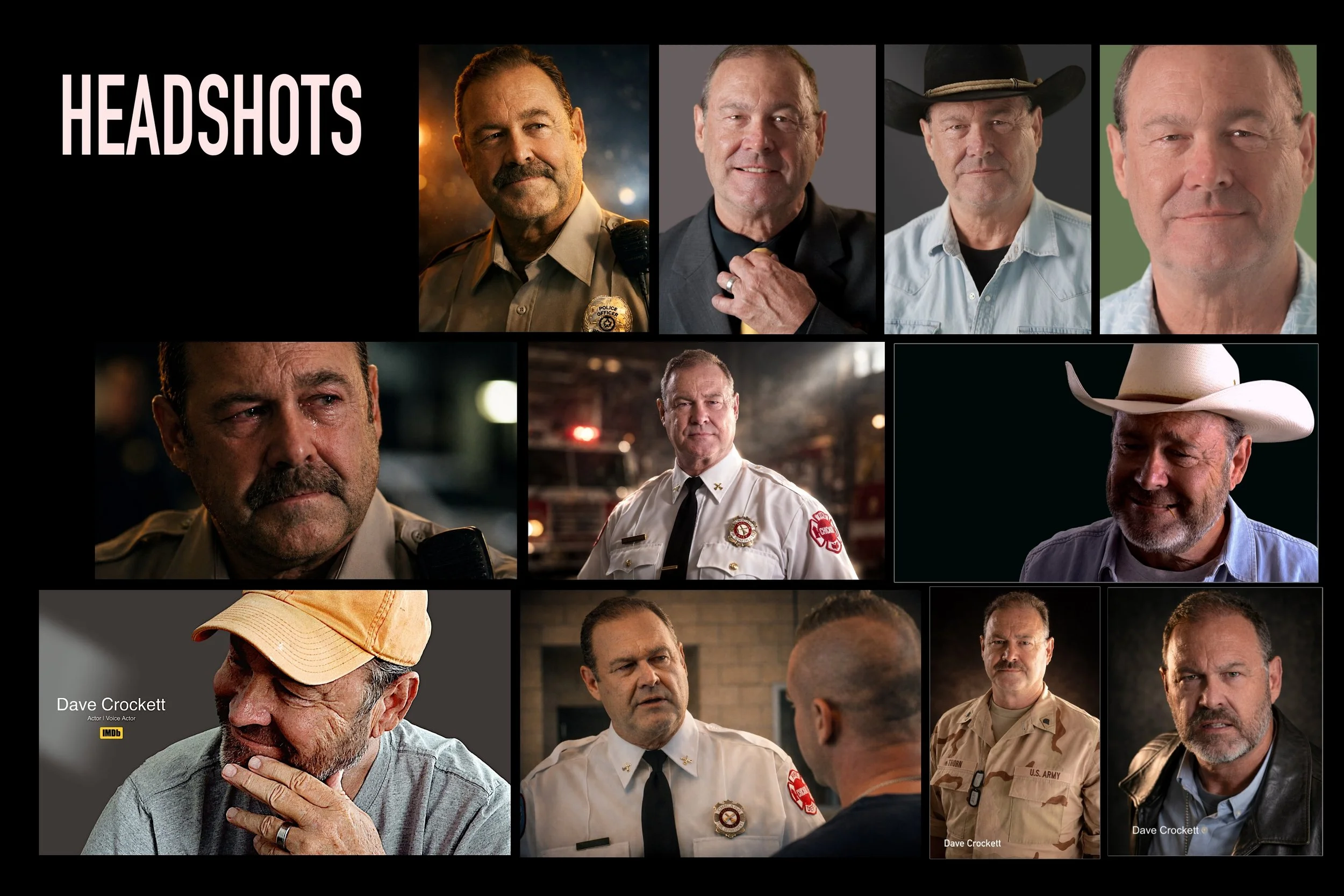Collage of scenes from the TV show "Headshots" featuring various characters, with some wearing uniforms or casual clothing, and the title "Headshots" at the top left.