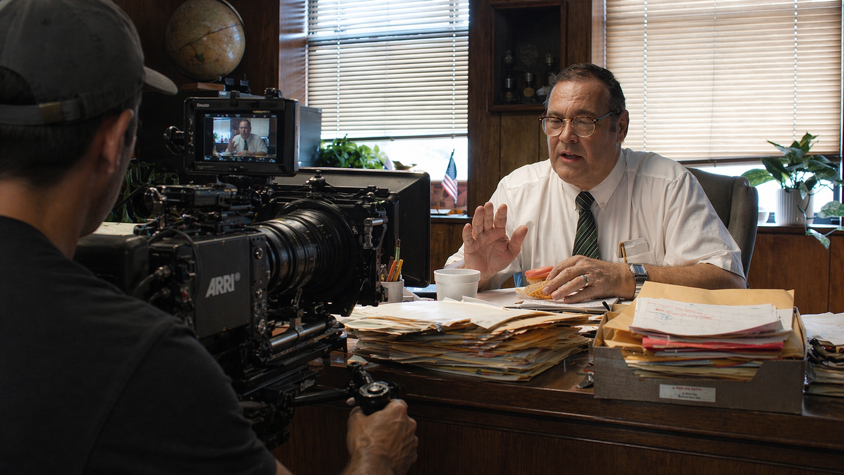 A man being filmed for a video interview at his cluttered office desk, which has multiple stacks of papers and a box filled with documents. The man is wearing glasses, a white shirt, a striped tie, and a watch. The camera operator is visible from behind, wearing a cap and operating a professional camera. The office has wood-paneled walls, window blinds, plants, and an American flag in the background.