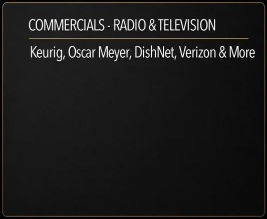 Slide titled 'Commercials - Radio & Television' listing Keurig, Oscar Mayer, DishNet, Verizon, and more brands.