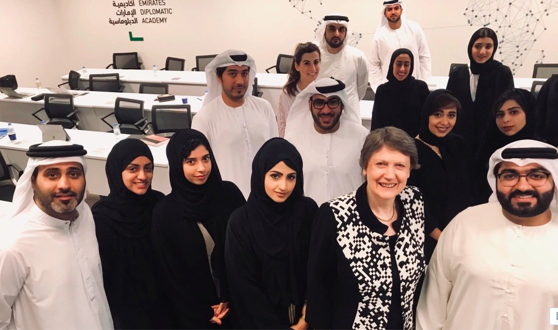 Helen with students at the Emirates Diplomatic Academy, Abu Dhabi, in May 2018