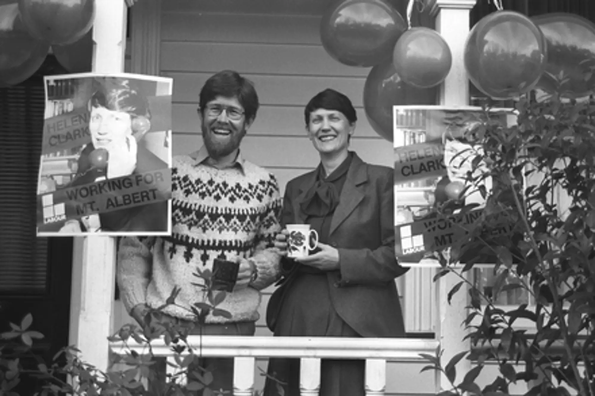 At home with husband Peter Davis welcoming return of Helen Clark as deputy Prime Minister, 1989