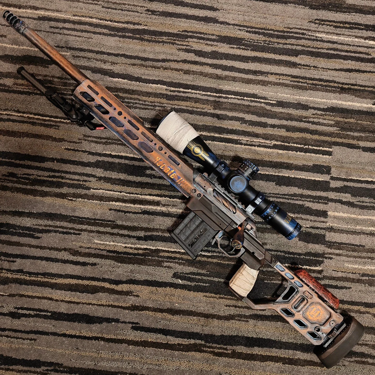 Sneek peak at a Project I've been working on for awhile, finally had time to do up the optic to finish out the build #cerakote #fallout #creedmoor #iversonironworks #daynighttechnologies #kineticresearchgroup