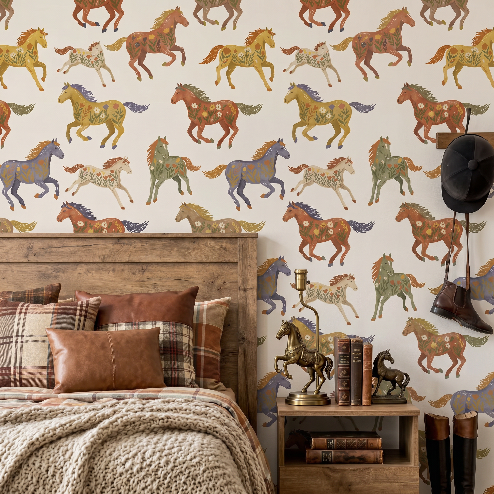 Interior of a bedroom with a wooden nightstand, vintage-style books, a gold horse lamp, and a colorful wallpaper with horses and floral patterns.