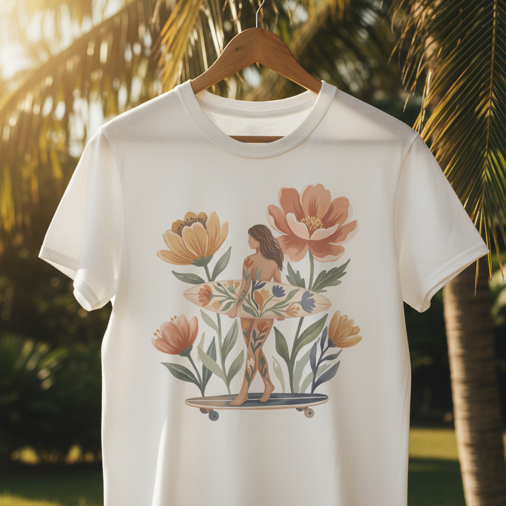 White T-shirt featuring a graphic of a woman holding a surfboard, surrounded by large flowers and leaves, hanging on a wooden hanger in a tropical outdoor setting.