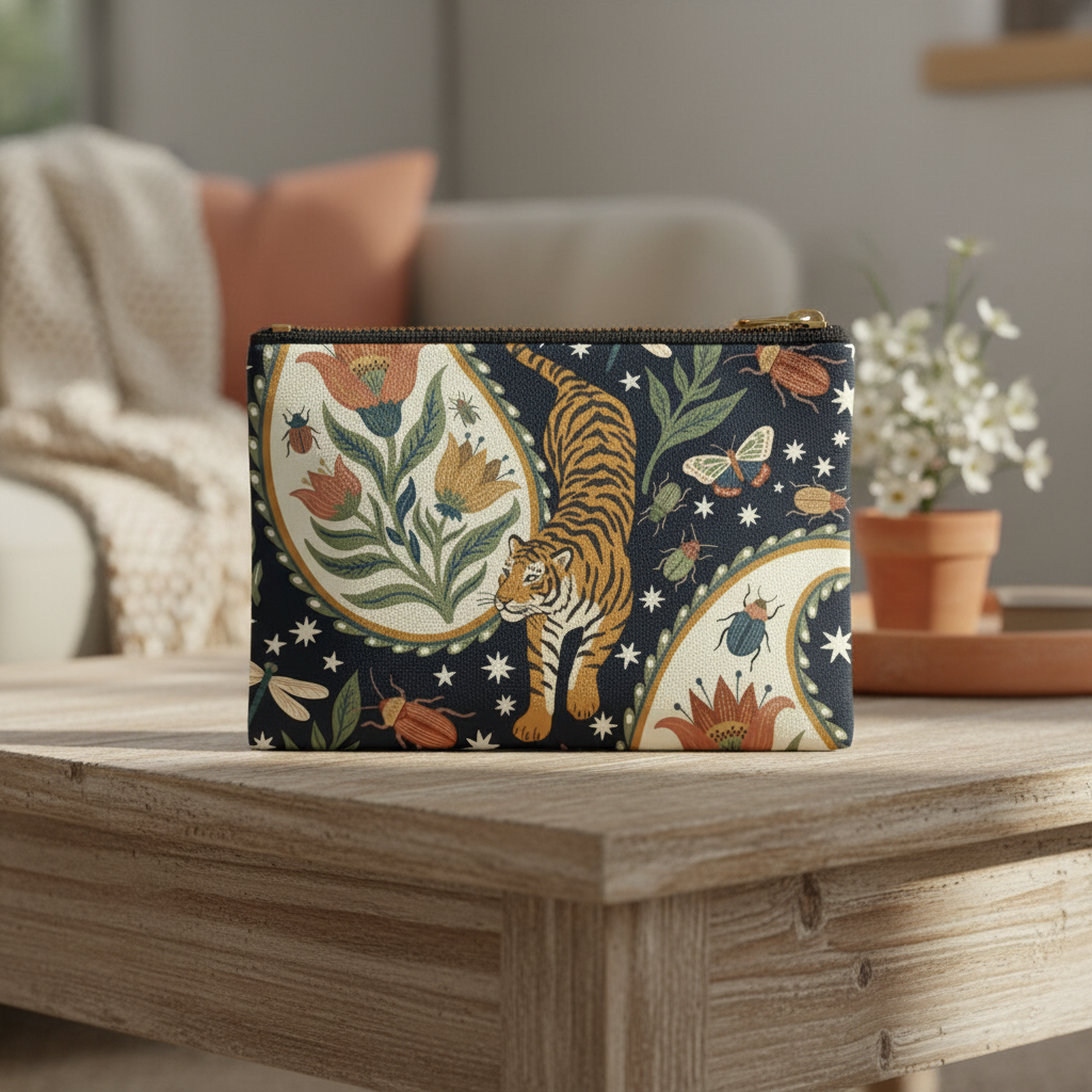 A pouch with a tiger and floral pattern on a wooden table in a living room with a potted plant and sofa in the background.