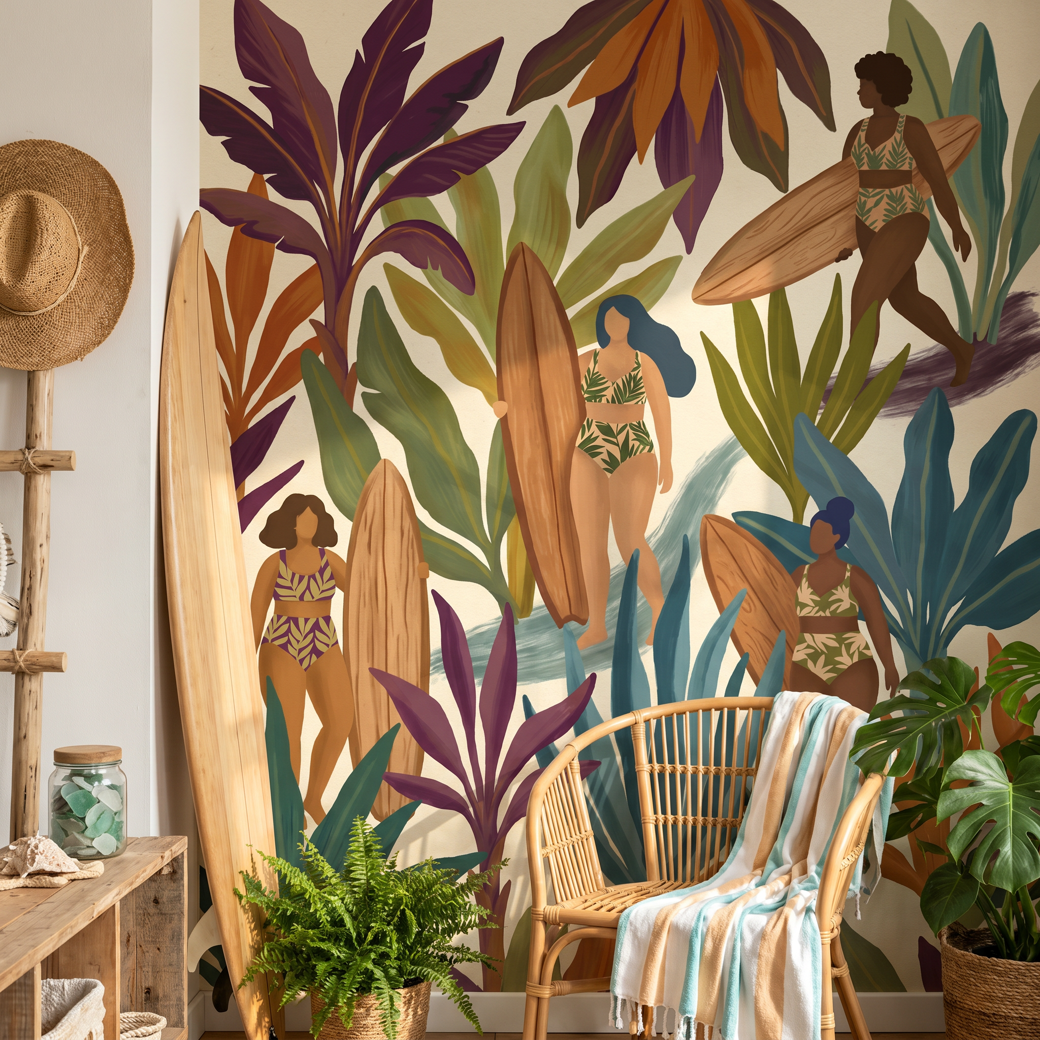 Decorated interior with a tropical mural, wooden chair with striped throw, plants, woven hat on wall, and wooden shelving with shells and plants.