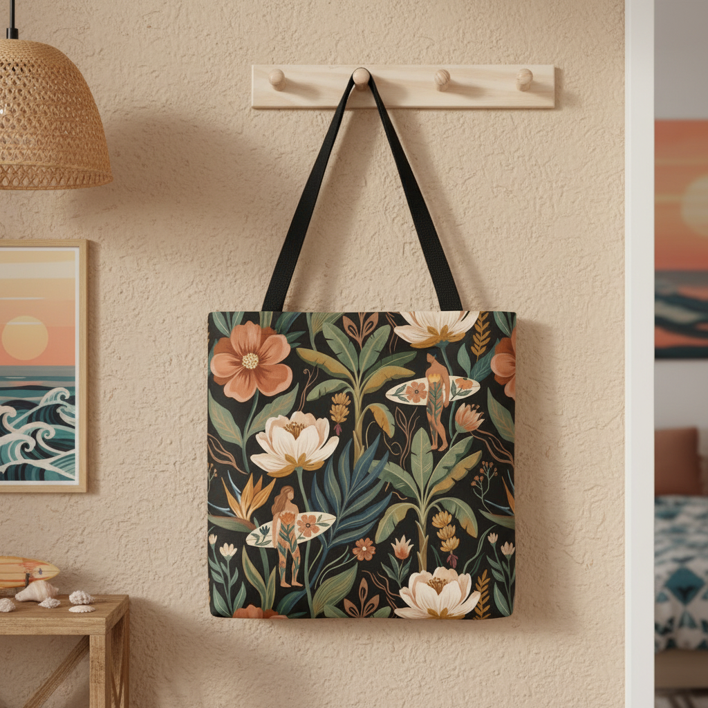 Decorative tote bag with floral and fairy design hanging on a wall hook in a cozy room.
