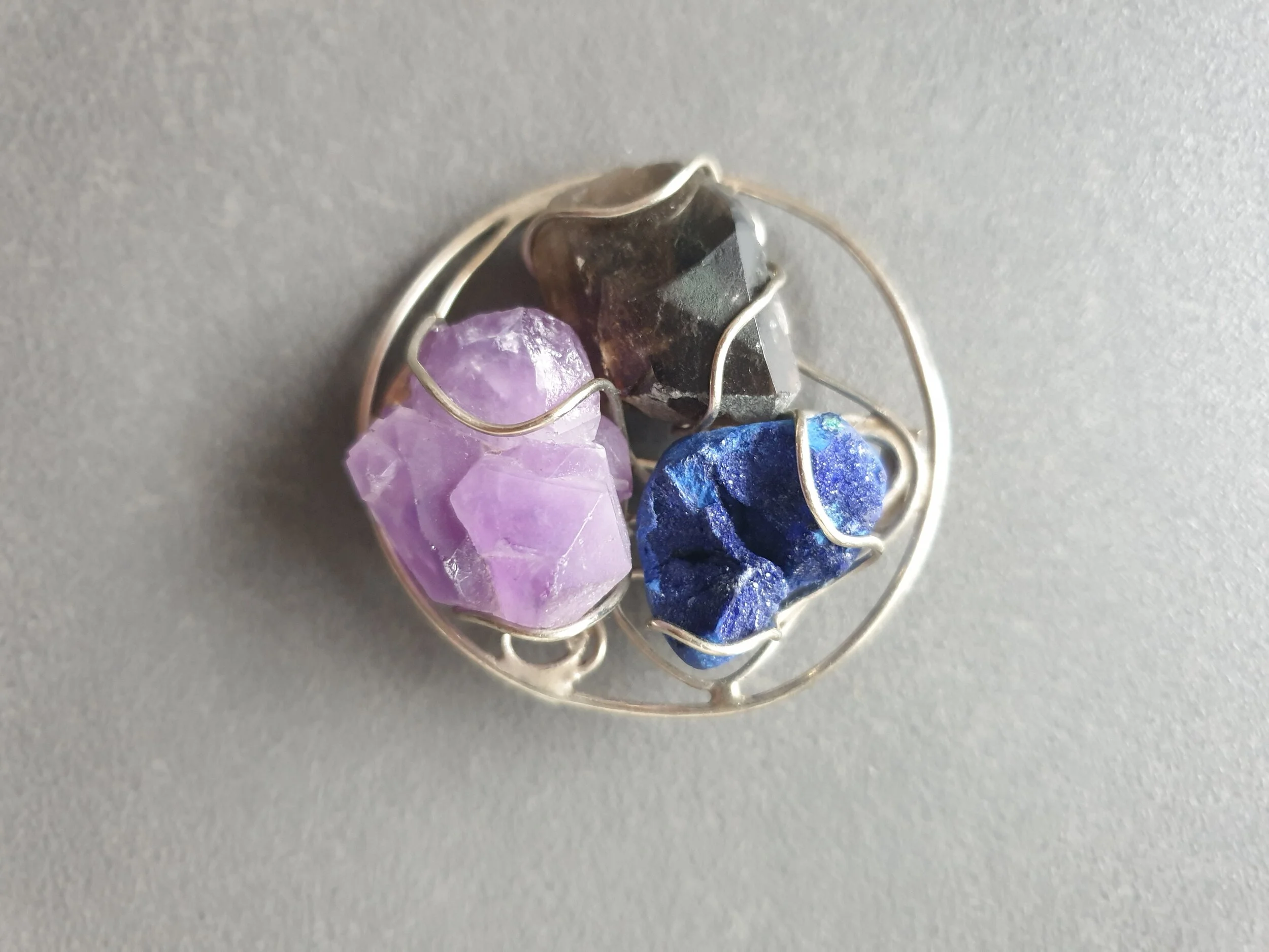 Azurite, Smoky Quartz, Amethyst Brooch