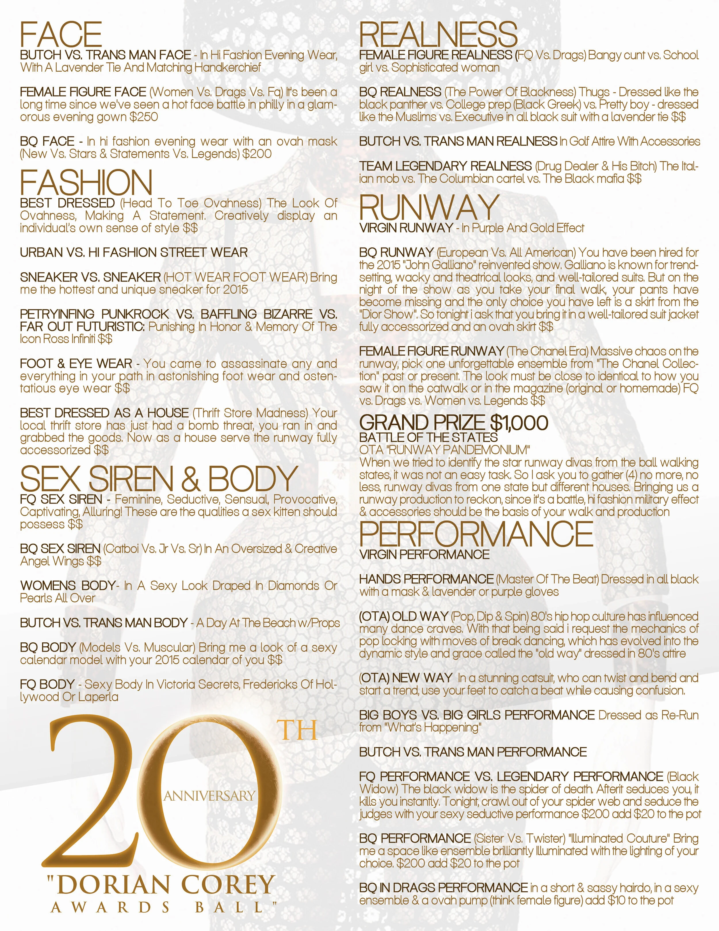 20th Annual Dorian Corey Awards Ball Categories