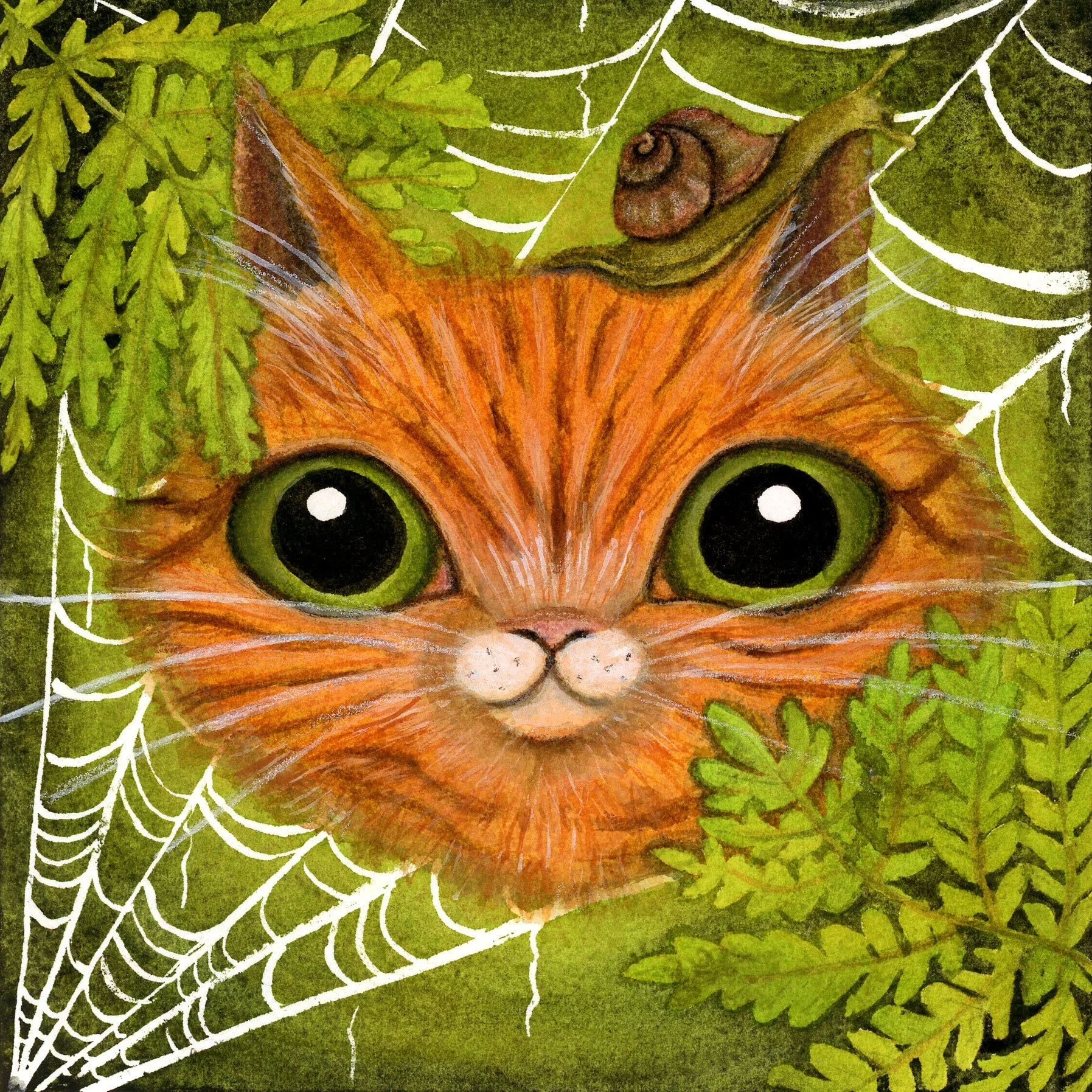 Orange cat with snail and ferns