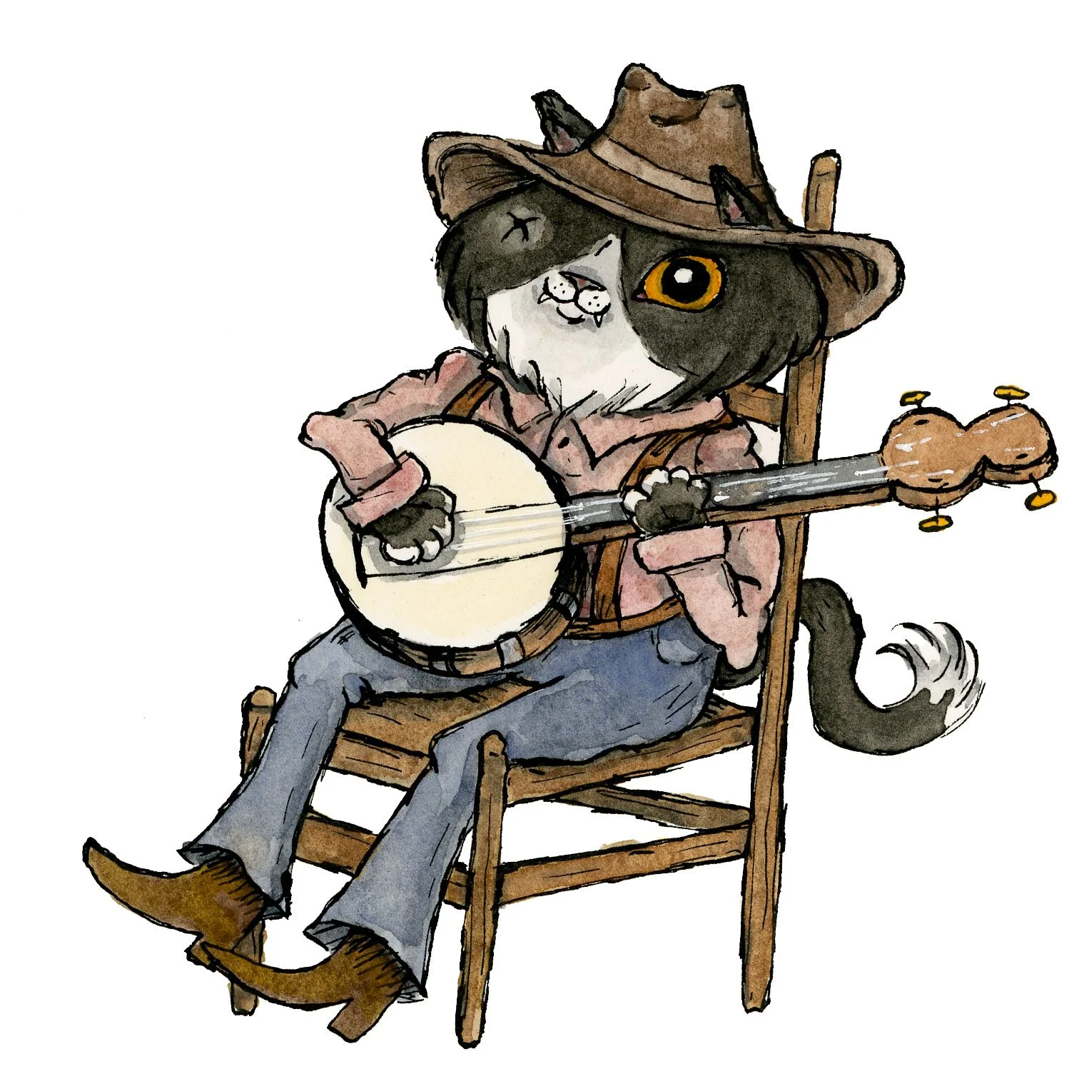 Cat playing banjo sticker. Durable cat sticker. Folk art sticker