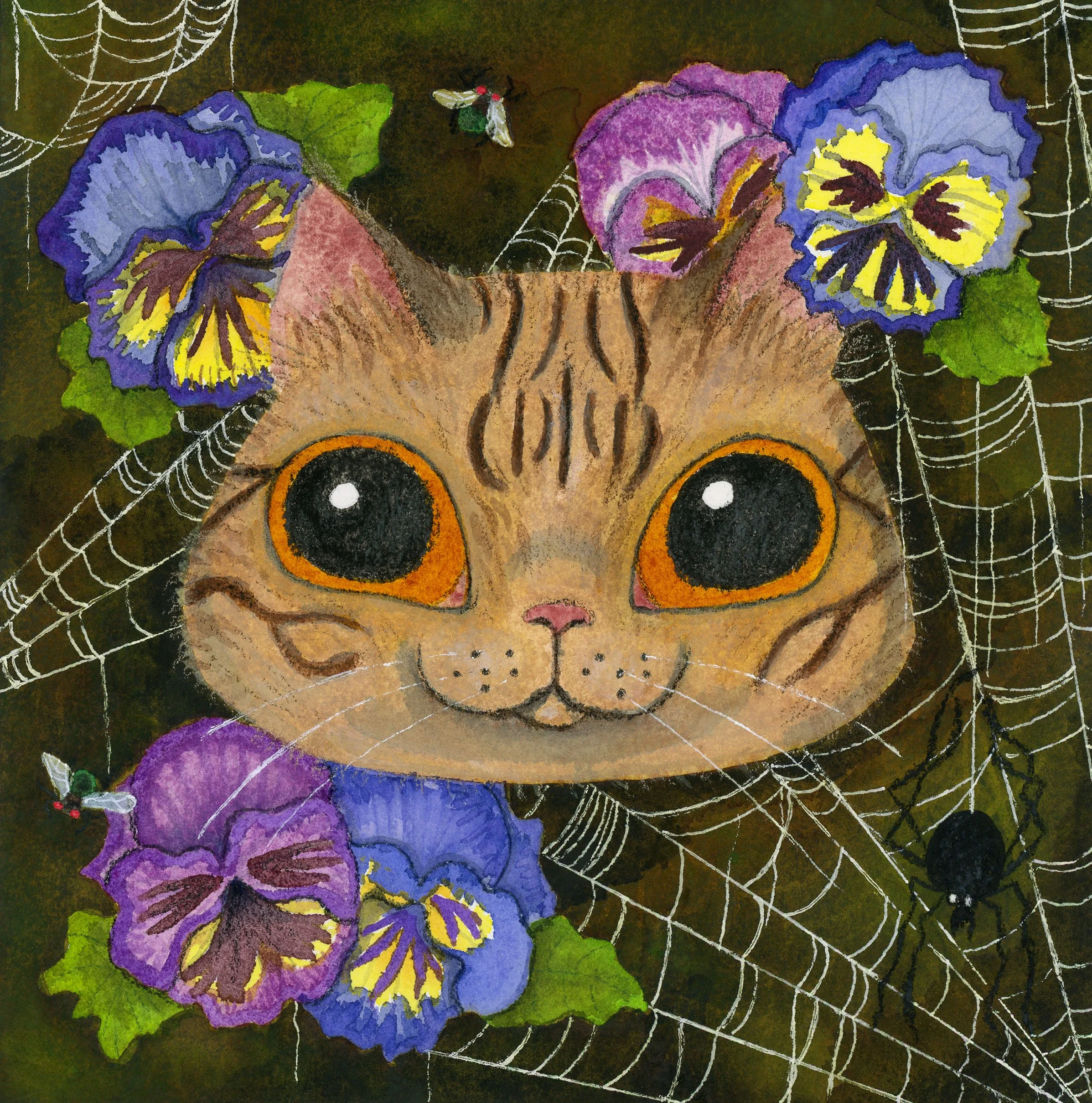 Tabby, Pansies, Spiderwebs