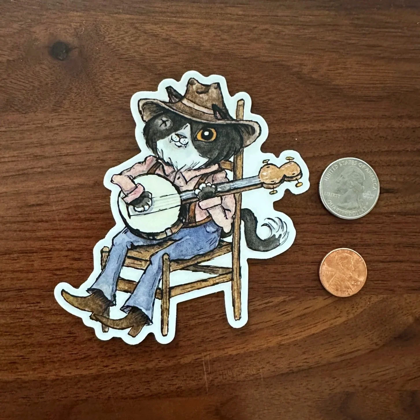 Cat playing banjo sticker. Durable cat sticker. Folk art sticker