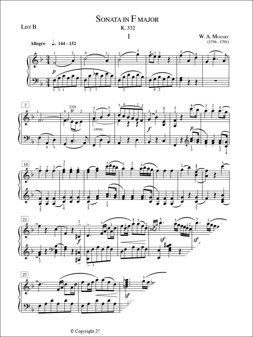 Sonata in F Major, K. 332 (1st mvt) - W.A. Mozart