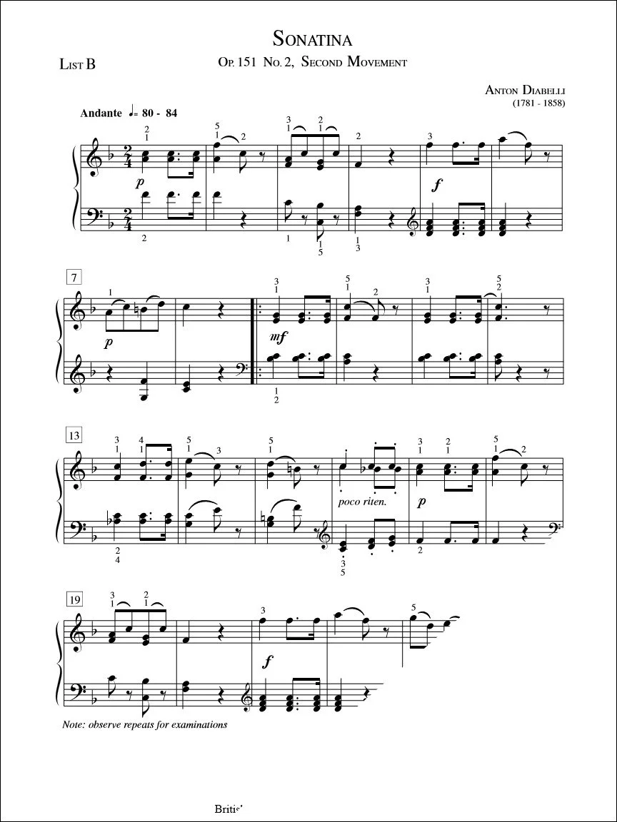 Sonatina, Op. 151 No. 2 (2nd mvt) - Diabelli