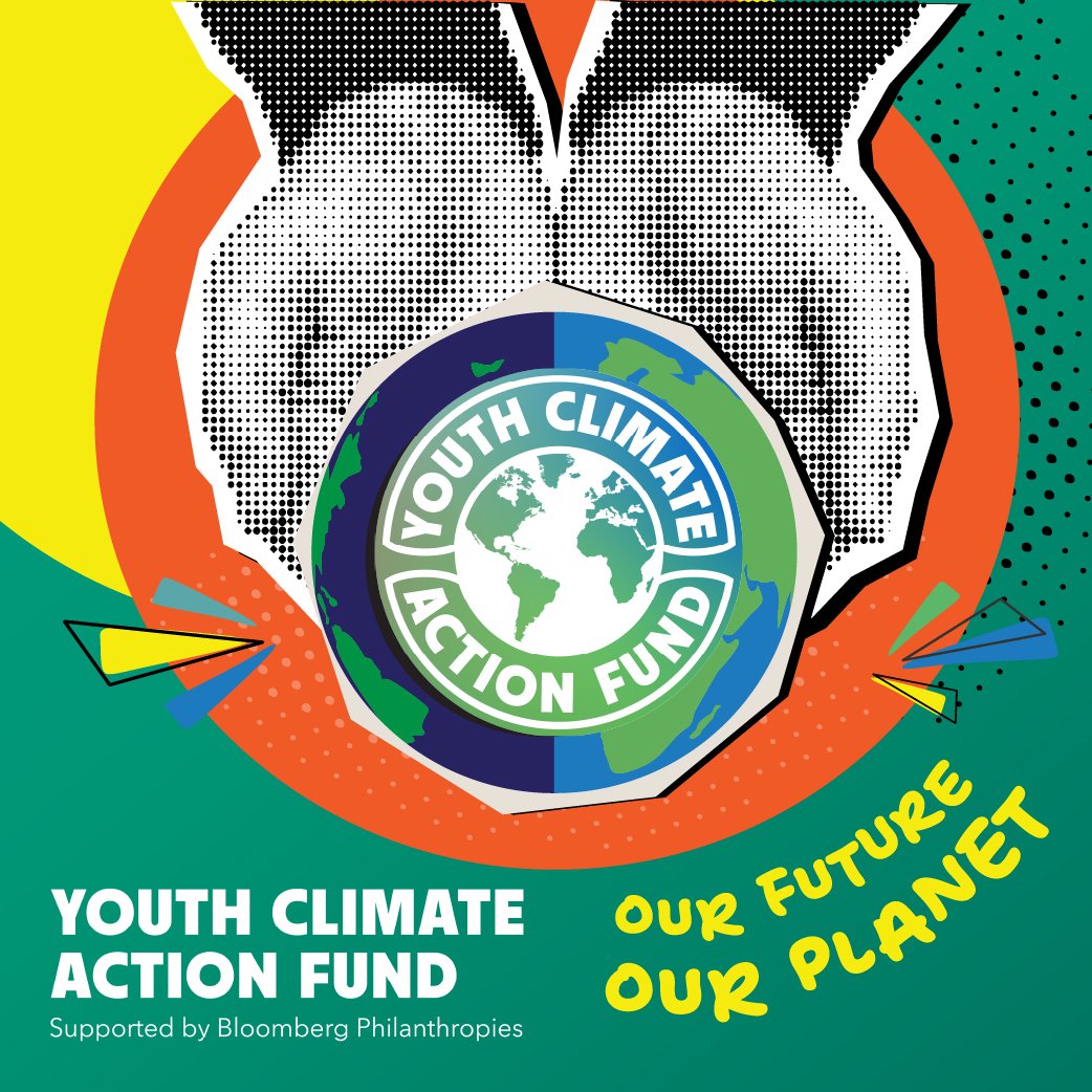 hands holding the world and youth climate action fund logo with words our future our planet