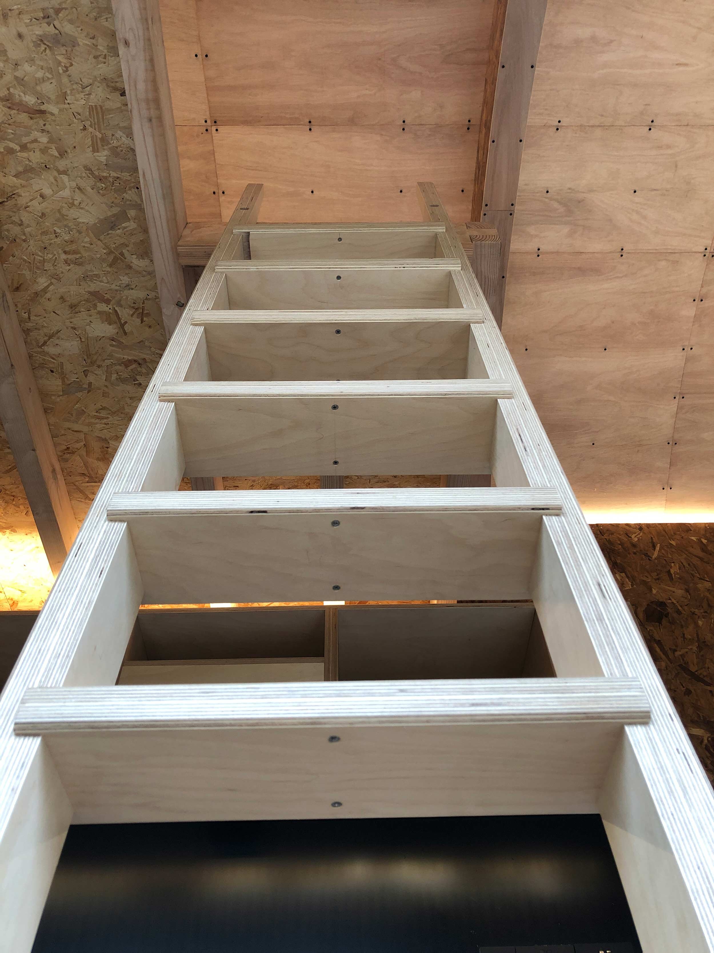 Birch ply ladder to mezannine sleeping platform