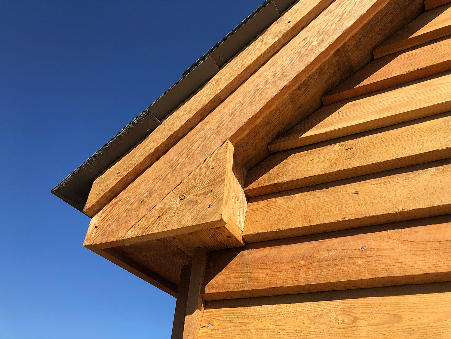 Detail of Larch cladding and eaves of timber studio