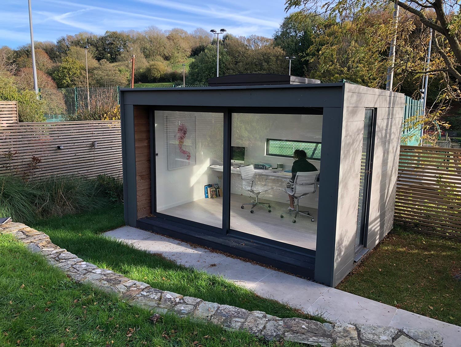 Garden office space in Devon with sedum roof and skylight