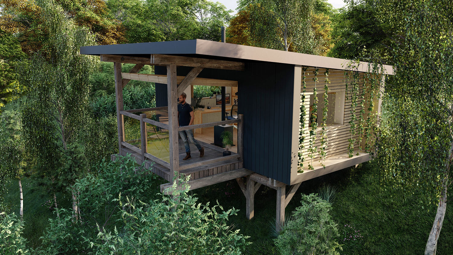 Bespoke-treehouse-cabin-on-stilts-in-devon-woodland