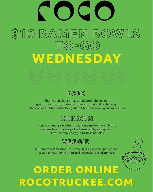 $10 Ramen Bowls all day! Dine in or schedule your curbside pickup. 👇👇👇👇👇👇👇👇👇
https://www.toasttab.com/roco
