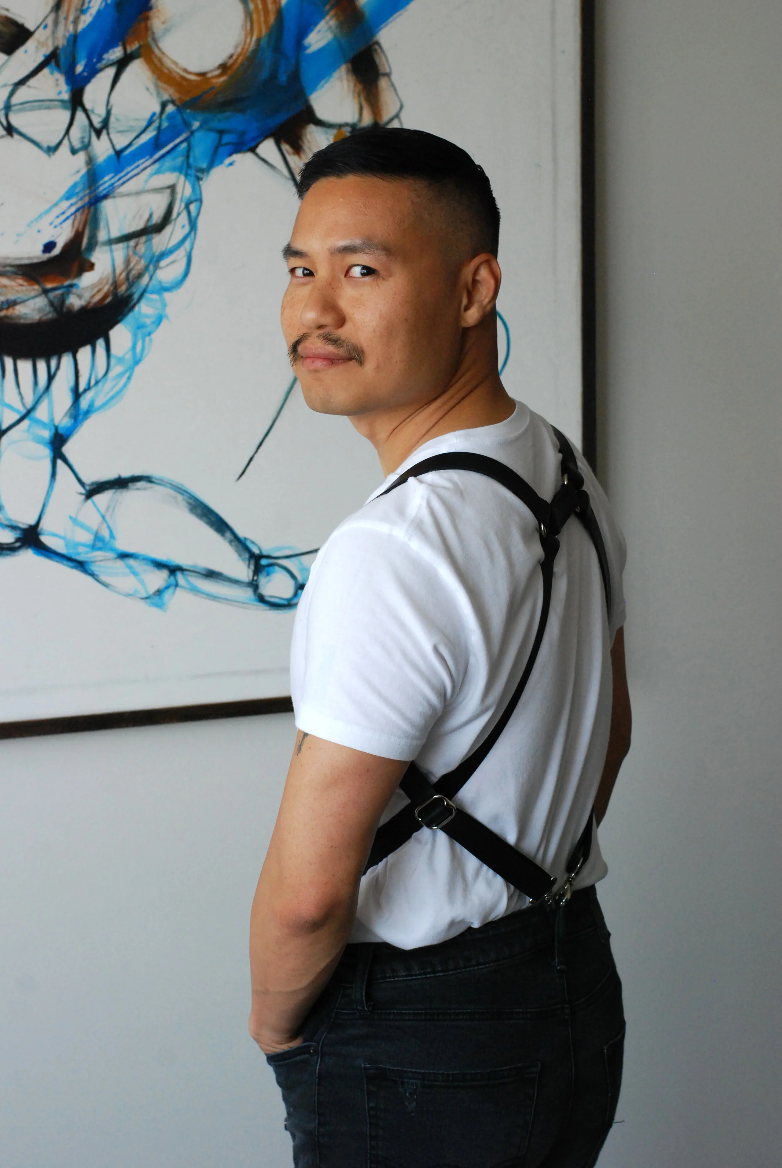   Cross Body Suspenders   Chrome tanned black leather 