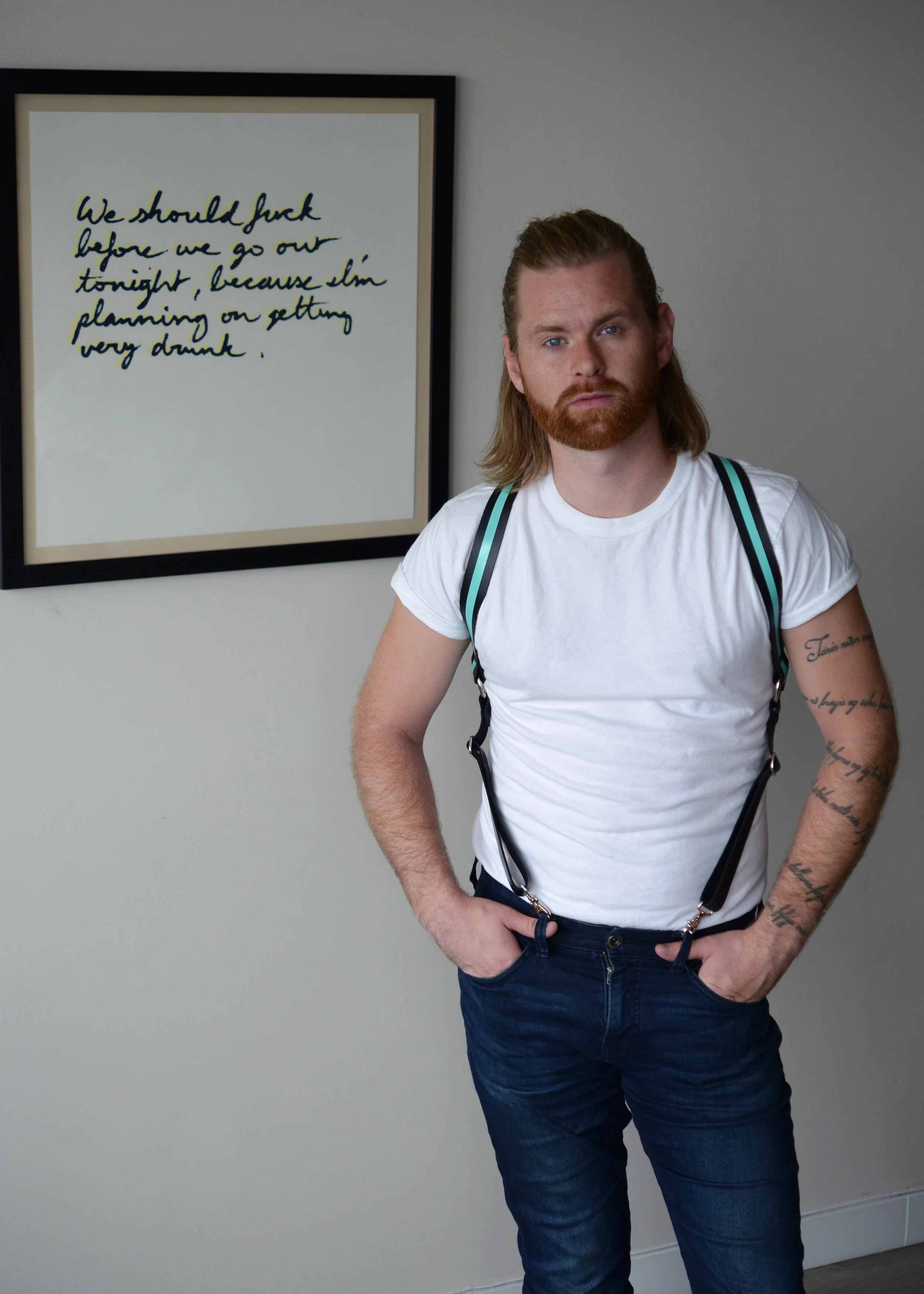   Y-Back Suspender Harness   Chrome tanned leather with custom painted stripes 