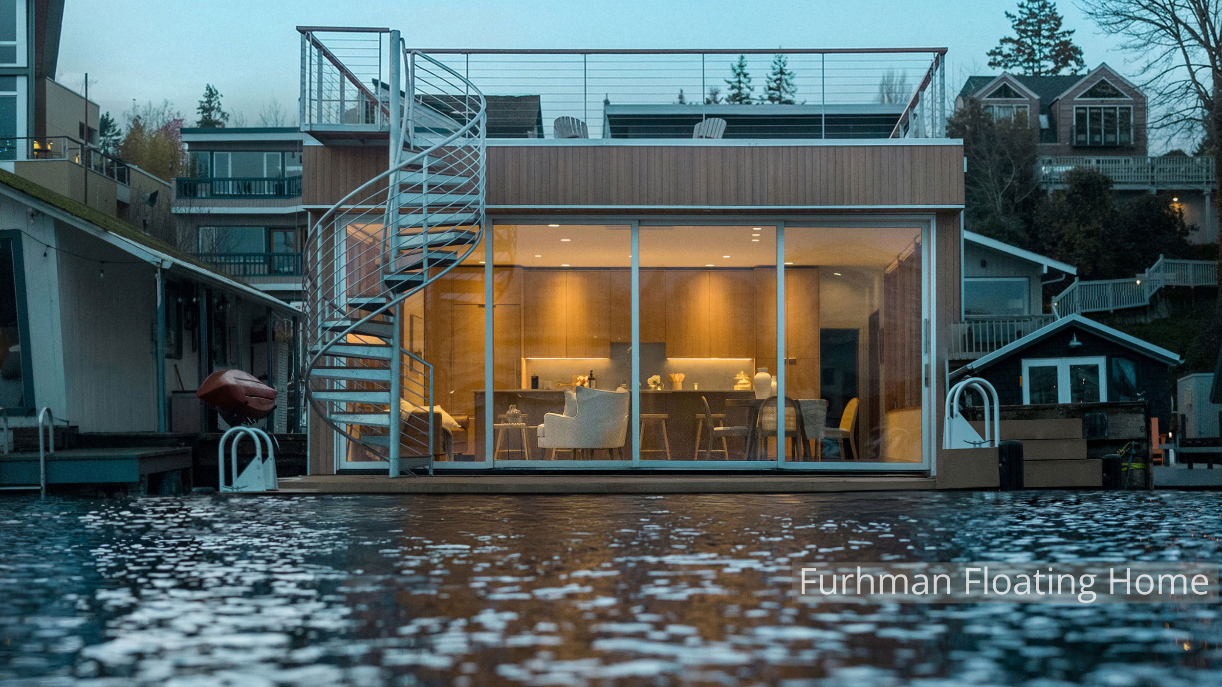 Contemporary floating home with floor-to-ceiling glass, warm wood interiors, and a rooftop deck connected by an exterior spiral staircase. Designed to maximize natural light and waterfront views, the open living and dining space creates a seamless co